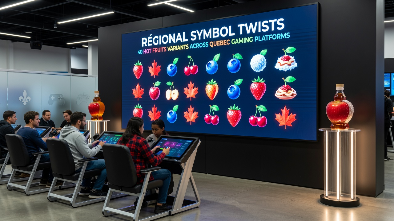 Comparison view of multiple 40 Hot Fruits game variants displaying regional Quebec symbols including maple leaves, hockey elements, and local produce on different Quebec online casino interfaces